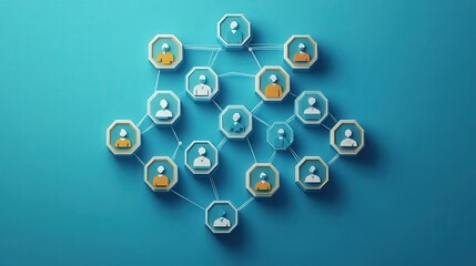 Poster - interconnected hexagonal diagram on a blue background with human icons in each hexagon, symbolizing a thriving social community