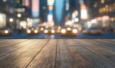Poster - Stylish wooden cafe table with a softly blurred background, ideal for modern interior design visuals.