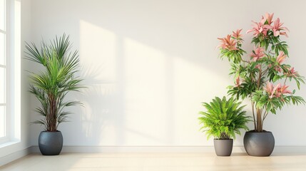 Sticker - A white room with three potted plants, one of which is pink