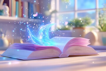 Poster - Open book with magical glowing blue moon emerging from pages, surrounded by sparkles and stars in cozy window setting with soft pink and purple hues.