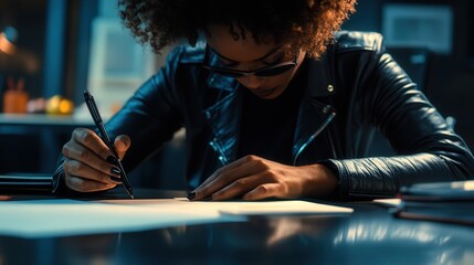 Poster - works at their desk with a stylus in hand, refining digital designs and layout concepts for business branding and marketing.