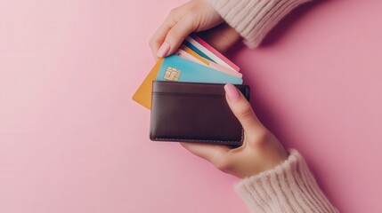 Poster - wallet and several credit cards, set against a soft pink background that emphasizes personal style.