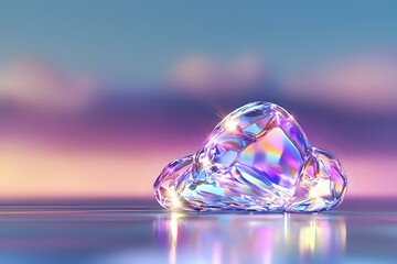 Poster - Iridescent crystal cloud shape on reflective surface against dreamy sunset sky with soft pink and purple hues creating magical atmosphere.