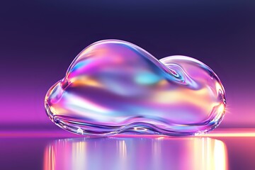 Poster - Iridescent glass cloud shape with holographic reflections on purple gradient background. Futuristic design element for modern creative projects.