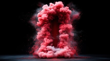 Aufkleber - Red and white smoke bomb creating dramatic scene with surreal doorway opening in the background