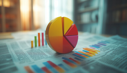 Poster - Colorful 3D Pie Chart and Bar Graphs on Financial Newspaper Report Representing Business Analytics