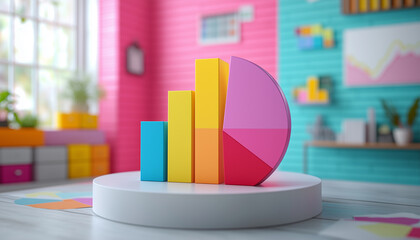 Fototapete - Colorful Bar Graph and Pie Chart Data Visualization on White Pedestal in Creative Workspace