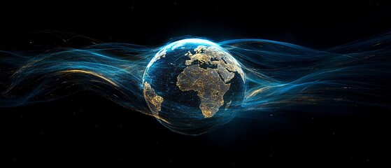 Poster - Earth with data streams flowing around it, symbolizing worldwide connectivity, digital communication, glowing lines, vibrant network, futuristic tech design