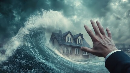 Poster - professional businessman uses his hand to stop a metaphorical risk wave approaching his home, symbolizing effective risk management in real estate.