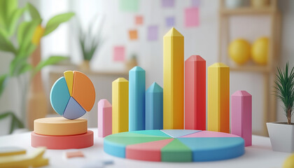 Fototapete - Colorful 3D Charts and Graphs Representing Data and Statistics in a Modern Office Setting