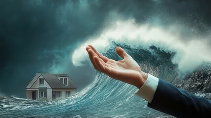 Poster - professional businessman uses his hand to stop a metaphorical risk wave approaching his home, symbolizing effective risk management in real estate.