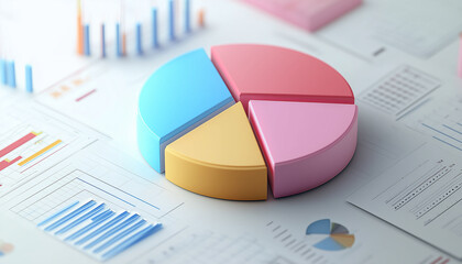 Fototapete - Colorful 3D Pie Chart Data Visualization on Financial Documents Showing Business Growth and Market Share