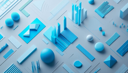 Fototapete - Abstract 3D Render of Blue Geometric Shapes and Data Visualizations