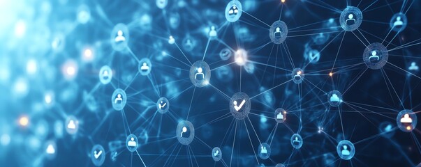 Poster - People connected through social media, communication network concept, human resources, AIgenerated network design, digital collaboration in modern workplace