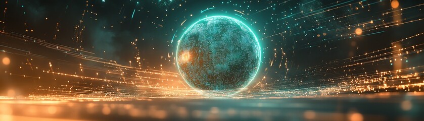Poster - Planet Earth surrounded by digital data streams, representing global connectivity, worldwide data communication, glowing lines, and modern technological networks
