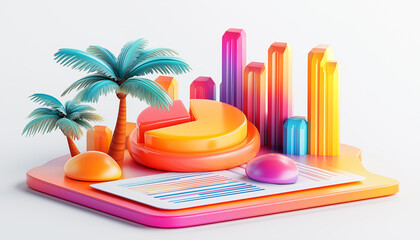 Fototapete - Vibrant 3D Render of Tropical Vacation Financial Data Report Showing Charts and Graphs