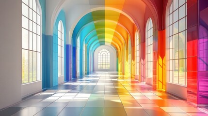 Wall Mural - Rainbow archway hallway, vibrant glass, sunlit windows, garden view, design concept