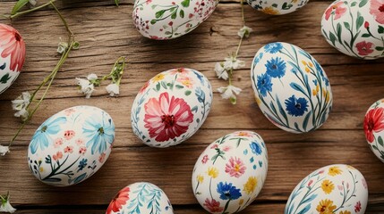 Floral Easter eggs on rustic wood, spring blossoms