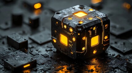 Wall Mural - Glowing Tech Cube on Circuit Board