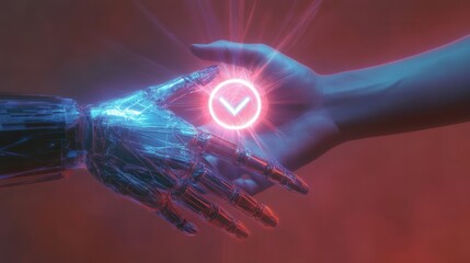 Aufkleber - ai-powered robotic hand shaking a human hand, with a glowing ethics symbol floating above them