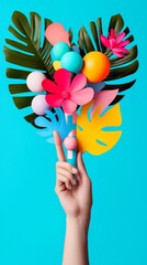 Poster - Creative floral arrangement hand display vibrant blue background digital artwork contemporary style close-up artistic expression