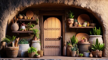 Poster - Collection of pots and baskets on a shelf beside a warm glowing doorway in a dimly lit room