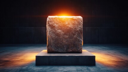 Poster - Large stone on platform in dark room with glowing mysterious doorway and low light ambiance