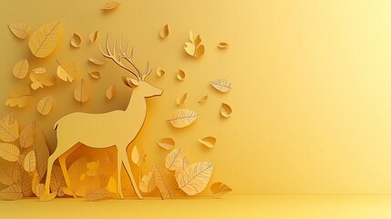 Poster - Golden deer autumn leaves background, fall design