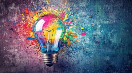 Poster - Creative explosion of colorful light bulb art studio digital artwork artistic environment close-up inspiration