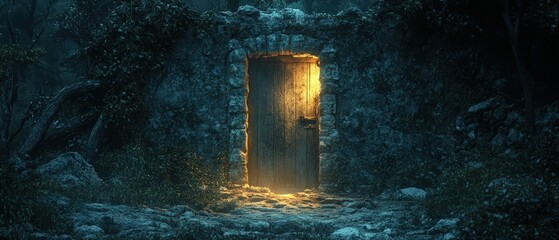 Poster - Mysterious door in cave illuminated by soft light creating an intriguing entrance to an unknown space