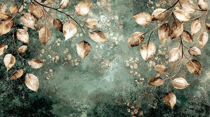 Canvas Print - Golden leaves on textured teal background, autumnal design, home decor