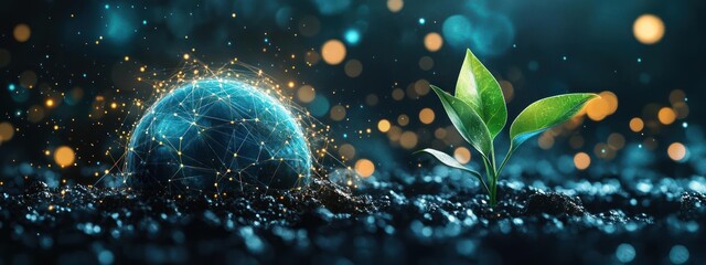 Image of a seedling growing out of soil with glowing orb and network connections