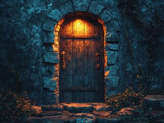 Poster - Illuminated doorway in a cave with soft light creating a mysterious atmosphere