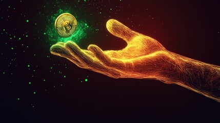 Poster - neon hand catching a coin, with neon green and yellow light radiating, symbolizing the ongoing journey of financial success.