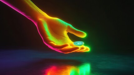 Poster - neon hand catching a coin, with neon green and yellow light radiating, symbolizing the ongoing journey of financial success.
