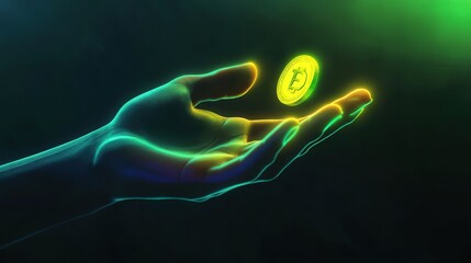Poster - neon hand catching a coin, with neon green and yellow light radiating, symbolizing the ongoing journey of financial success.