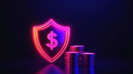 Poster - Neon icon with shield and coins, illustrating financial security and the protective measures for securing personal wealth.