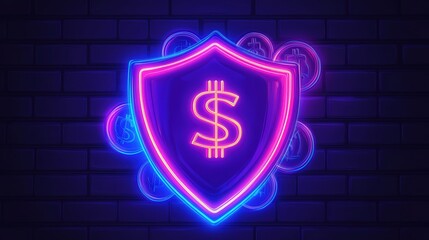 Poster - Neon icon with shield and coins, illustrating financial security and the protective measures for securing personal wealth.