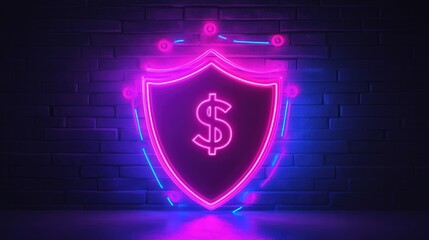 Poster - Neon icon with shield and coins, illustrating financial security and the protective measures for securing personal wealth.