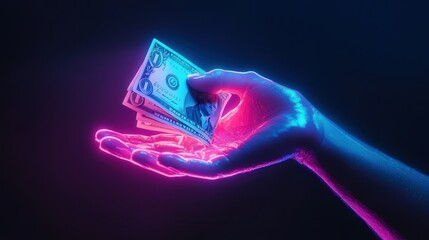 Poster - neon hand taking dollar bills, highlighting the ease of financial transactions and business success in the modern world