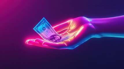 Poster - neon hand taking dollar bills, highlighting the ease of financial transactions and business success in the modern world