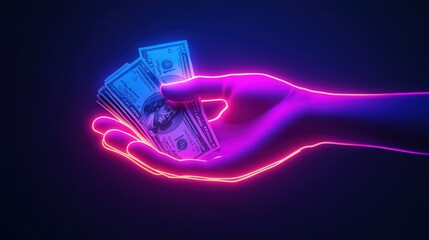 Poster - neon icon of a hand holding dollar bills, signifying wealth accumulation, business payments, and successful transactions.