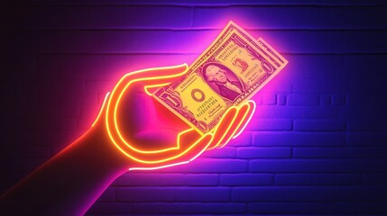 Poster - neon icon of a hand holding dollar bills, signifying wealth accumulation, business payments, and successful transactions.