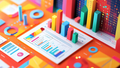 Fototapete - Colorful 3D Data Visualization Charts and Graphs Showing Business Analytics