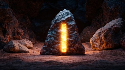 Aufkleber - Rock with a fire inside and a glowing doorway leading to light in a mysterious setting