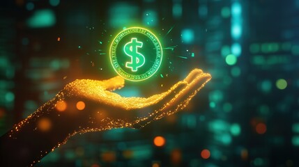 Poster - Neon icon of a hand catching a dollar coin, surrounded by glowing green and yellow lights, representing business and financial prosperity.