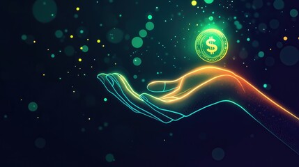 Poster - Neon illustration of a hand catching a dollar coin with glowing green and yellow lights, signifying the prosperity that comes with financial efforts.