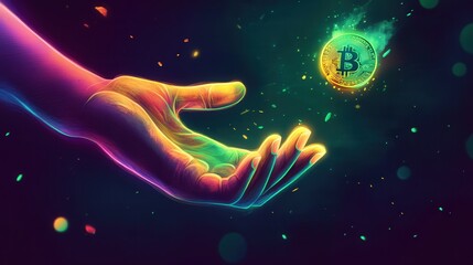 Poster - Neon illustration of a hand catching a dollar coin with glowing green and yellow lights, signifying the prosperity that comes with financial efforts.