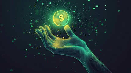 Poster - Neon illustration of a hand catching a dollar coin with glowing green and yellow lights, signifying the prosperity that comes with financial efforts.