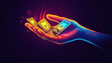 Poster - Neon illustration of a hand receiving dollar notes, representing business payments, monetary transactions, and wealth transfer.